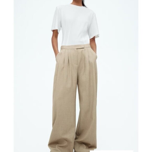H & M Edition Light Oatmeal Beige Wide leg Pleated Front Pants L - Picture 1 of 4
